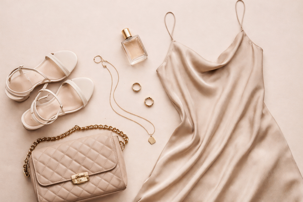 elegant neutrals fashion flat lay